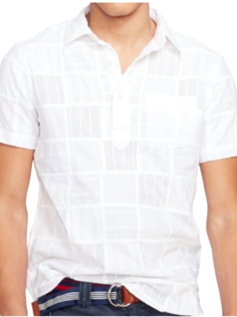 Ralph Lauren Mens White “Patchwork Main Beach”3/4 Button Down Shirt Sz L EUC
